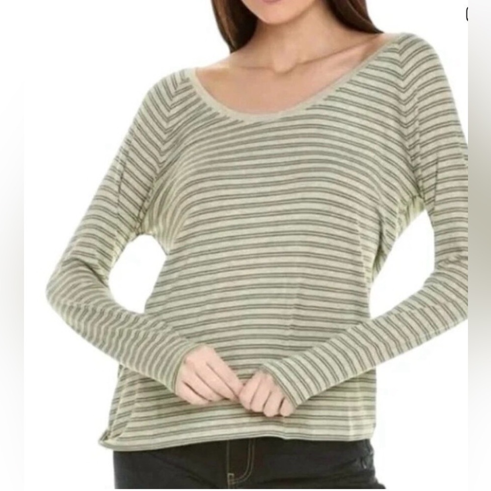 CABI XS green striped woman long sleeve game tee #4375 casual minimalist
